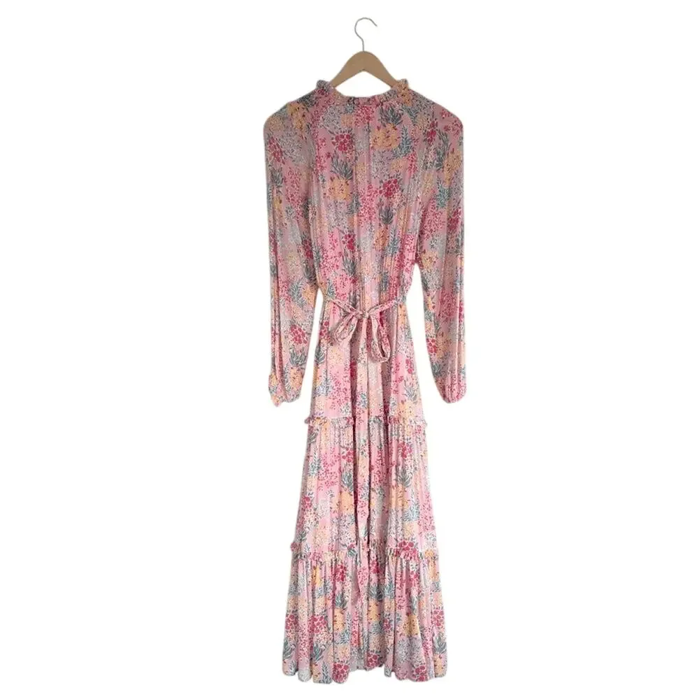 Boden Pink Floral Tiered Midi Dress Long Sleeve Viscose Belted Maxi Size 6R 6